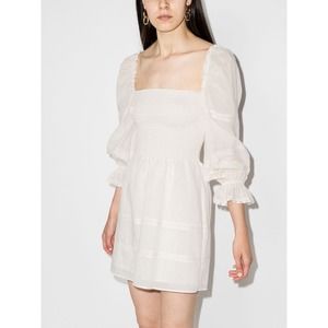 New Reformation Dunes Dress Cream Puff Long Sleeve Smocked Square Neck Mini Sz 4